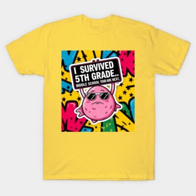 Yellow t-shirt with colorful graphic and "I Survived 5th Grade" text, casual style, perfect for school celebrations.