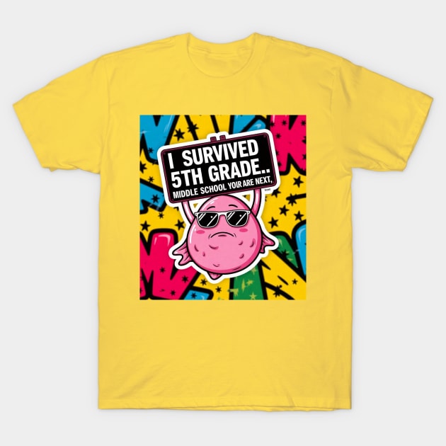 Yellow t-shirt with colorful graphic and "I Survived 5th Grade" text, casual style, perfect for school celebrations.