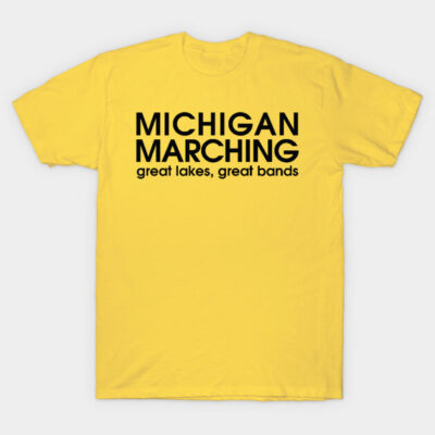 Yellow T-shirt with "Michigan Marching" text, casual style, perfect for fans or casual wear.