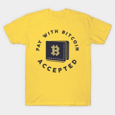 Yellow t-shirt with "Pay with Bitcoin Accepted" design, featuring a wallet and Bitcoin symbol, casual wear.