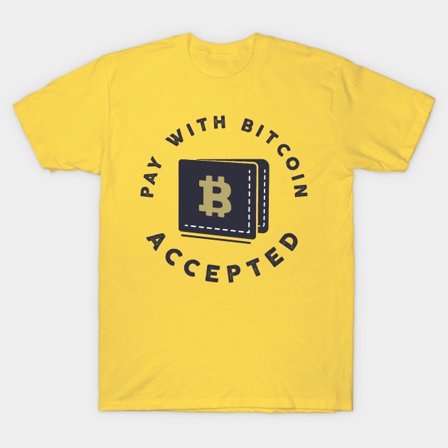 Yellow t-shirt with "Pay with Bitcoin Accepted" design, featuring a wallet and Bitcoin symbol, casual wear.