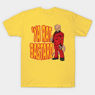 Yellow T-shirt with bold red graphic text and cartoon character, casual cotton tee for everyday wear.