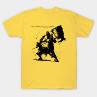 Yellow t-shirt with warrior and hammer graphic, black ink design, casual style, cotton material, unisex wear.