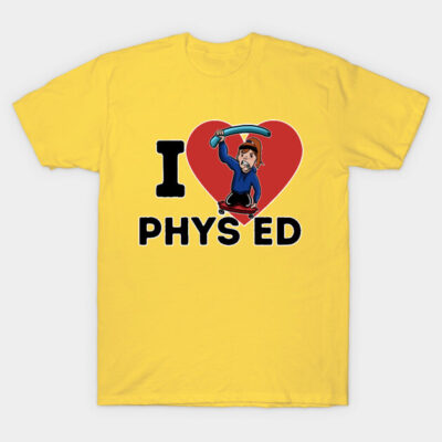 Yellow "I Love Phys Ed" t-shirt with graphic print, ideal for sports enthusiasts, made from soft cotton fabric.