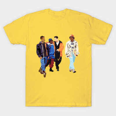 Yellow graphic t-shirt featuring four abstract figures, casual style, made from soft cotton for everyday wear.