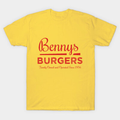 Yellow t-shirt with red "Benny's Burgers" logo, casual style, ideal for everyday wear, cotton material.