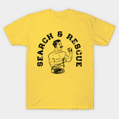 Yellow t-shirt with "Search & Rescue" text and vintage boxer graphic, casual style, breathable cotton fabric.