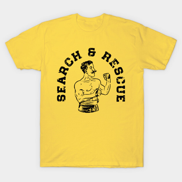 Yellow t-shirt with "Search & Rescue" text and vintage boxer graphic, casual style, breathable cotton fabric.