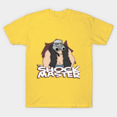 Yellow t-shirt with "The Shock Master" graphic, featuring a cartoon character with a helmet and cape. Perfect for casual wear.
