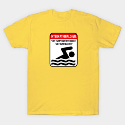 Yellow novelty T-shirt with humorous swimming sign graphic, ideal for casual wear, made from soft cotton material.