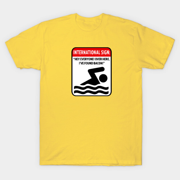 Yellow novelty T-shirt with humorous swimming sign graphic, ideal for casual wear, made from soft cotton material.