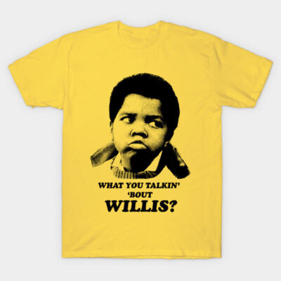 Yellow graphic t-shirt with retro print and humorous text, casual wear, cotton material.