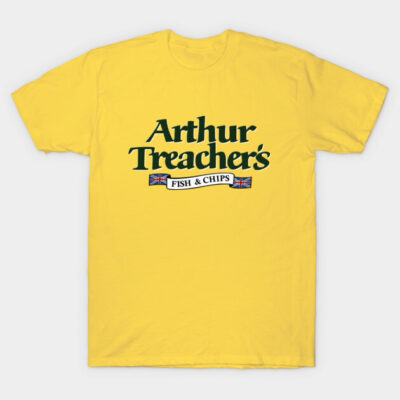 Yellow cotton t-shirt with "Arthur Treacher's Fish & Chips" logo, casual wear, comfortable and stylish design.