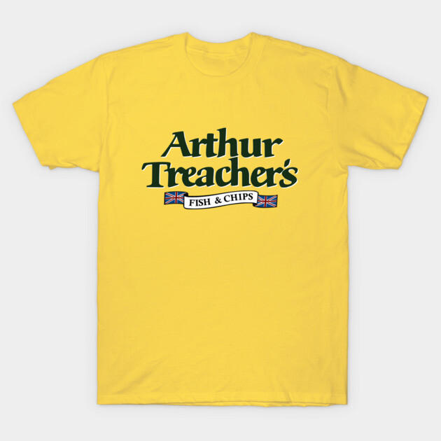 Yellow cotton t-shirt with "Arthur Treacher's Fish & Chips" logo, casual wear, comfortable and stylish design.