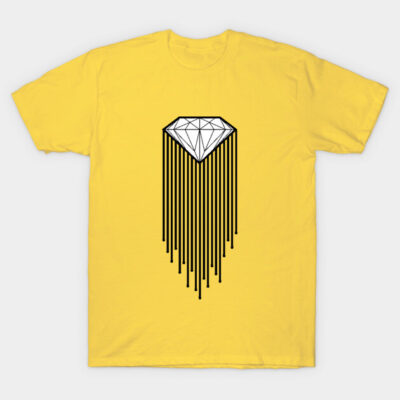 Yellow cotton t-shirt with geometric diamond design and vertical lines, casual style, ideal for everyday wear.