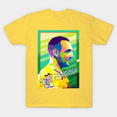 Yellow graphic t-shirt featuring abstract colorful portrait design, ideal for casual wear, cotton material.