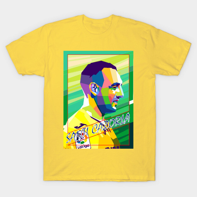 Yellow graphic t-shirt featuring abstract colorful portrait design, ideal for casual wear, cotton material.