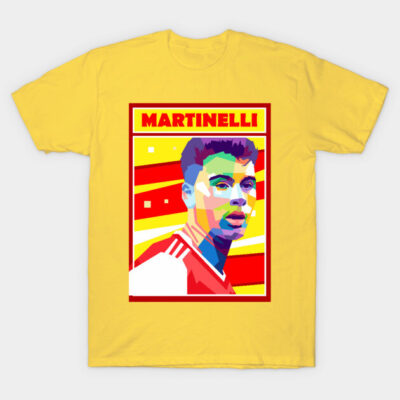 Yellow graphic T-shirt with abstract portrait and bold text design, casual wear, 100% cotton.