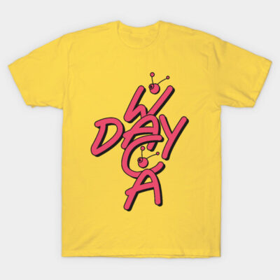 Yellow cotton t-shirt with bold pink abstract text design, casual style, perfect for everyday wear.
