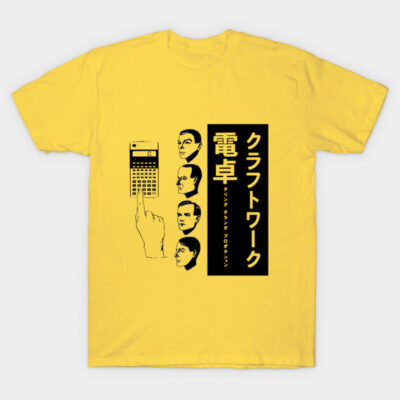 Yellow graphic T-shirt with retro calculator and Japanese text design, casual style, cotton material.