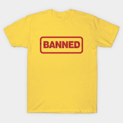 Yellow t-shirt with bold red "BANNED" print, casual style, 100% cotton, unisex, perfect for everyday wear.