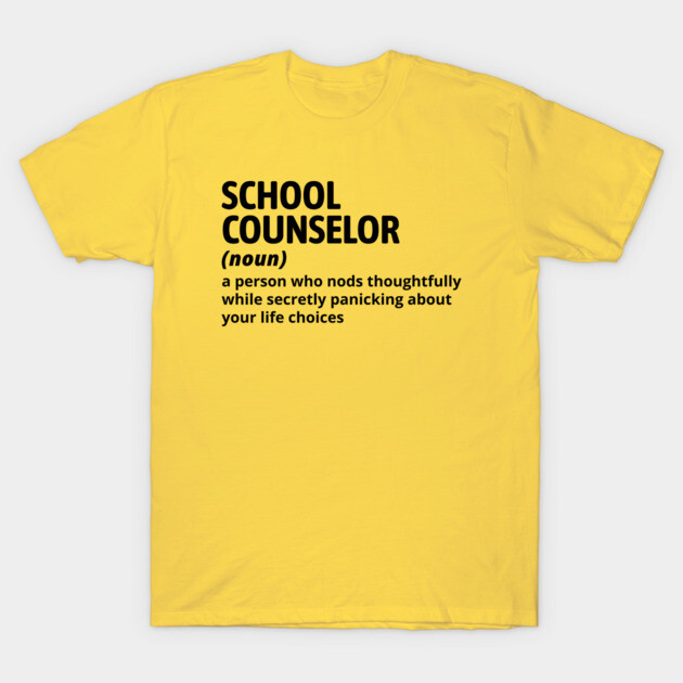 Yellow t-shirt with humorous school counselor definition in black text, casual wear, cotton fabric.