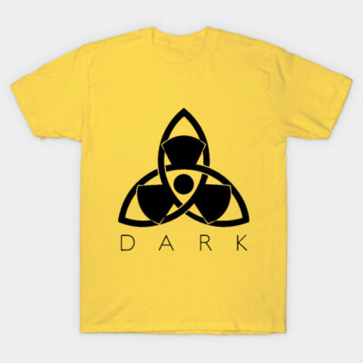 Yellow t-shirt with black geometric symbol and "DARK" text, casual style, cotton material, perfect for everyday wear.