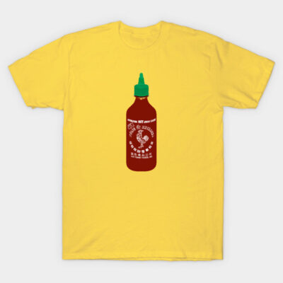 Yellow t-shirt with a hot sauce bottle graphic, casual style, 100% cotton, perfect for food enthusiasts.