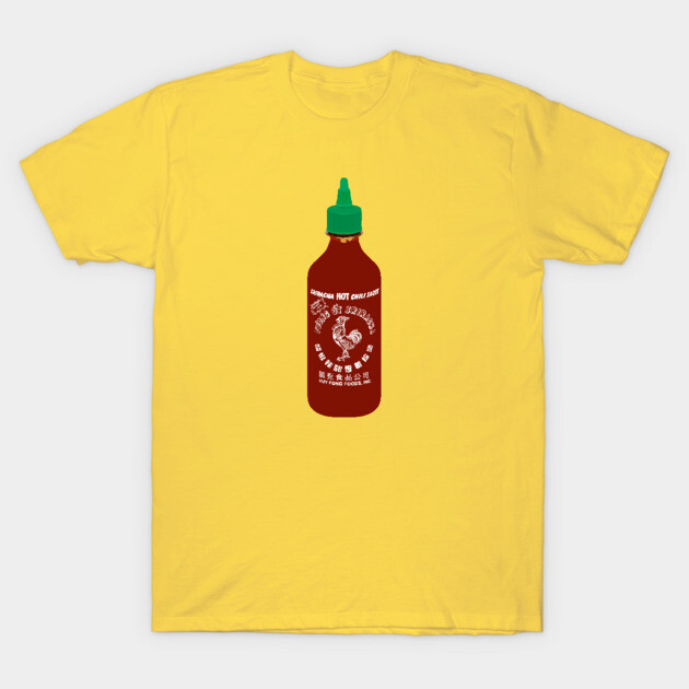 Yellow t-shirt with a hot sauce bottle graphic, casual style, 100% cotton, perfect for food enthusiasts.