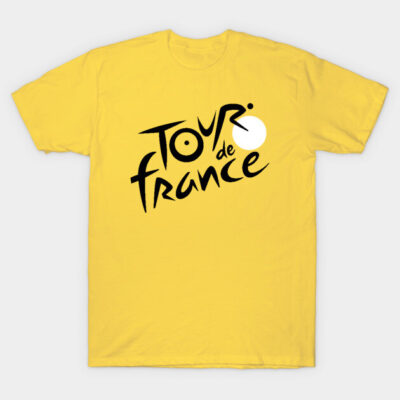 Yellow Tour de France t-shirt, bold black text, casual wear, cotton material, ideal for cycling enthusiasts.