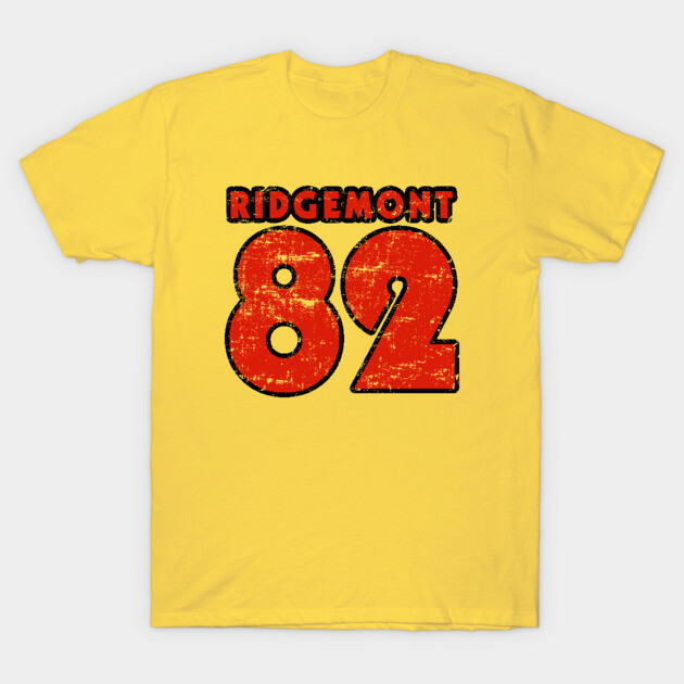 Yellow t-shirt with "Ridgemont 82" in bold red distressed print, casual style, comfortable cotton fabric.