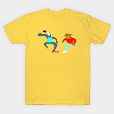 Yellow graphic t-shirt with colorful animal print, casual style, cotton fabric, perfect for everyday wear.