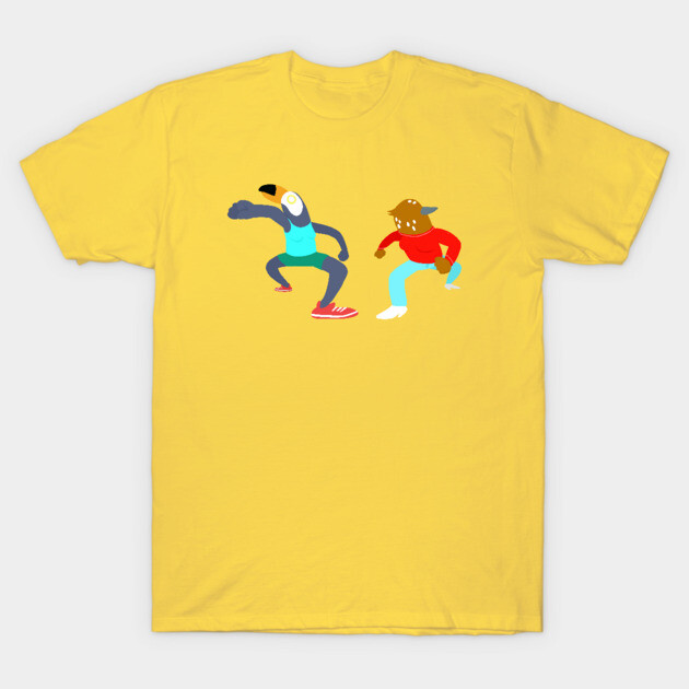 Yellow graphic t-shirt with colorful animal print, casual style, cotton fabric, perfect for everyday wear.