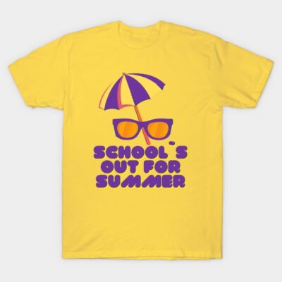 Yellow T-shirt with "School's Out for Summer" text, featuring sunglasses and umbrella graphic, made of soft cotton.