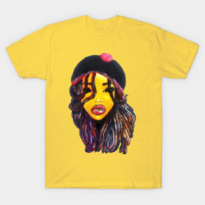 Yellow t-shirt with artistic face print, colorful design, casual wear, cotton, unisex style, vibrant graphic tee.