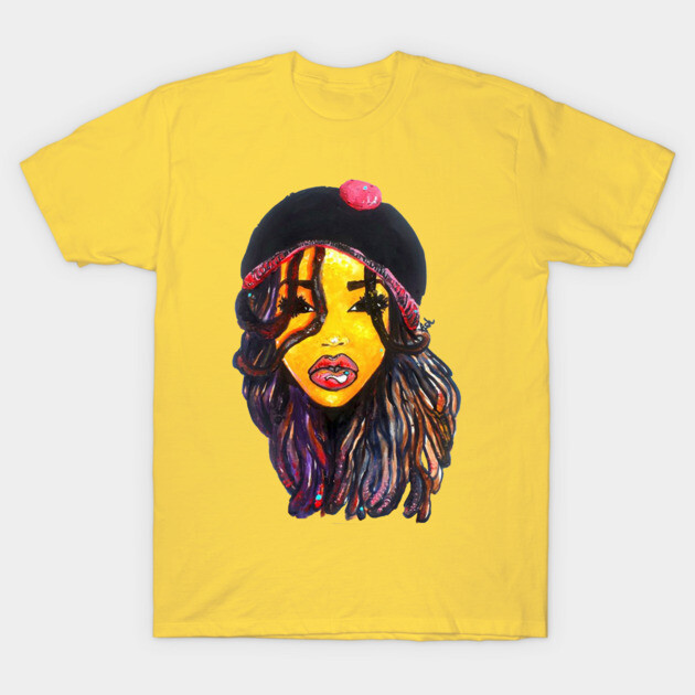 Yellow t-shirt with artistic face print, colorful design, casual wear, cotton, unisex style, vibrant graphic tee.