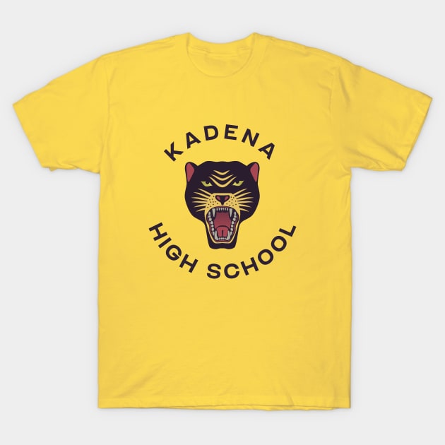 Yellow Kadena High School t-shirt with panther graphic, casual style, cotton material, perfect for everyday wear.