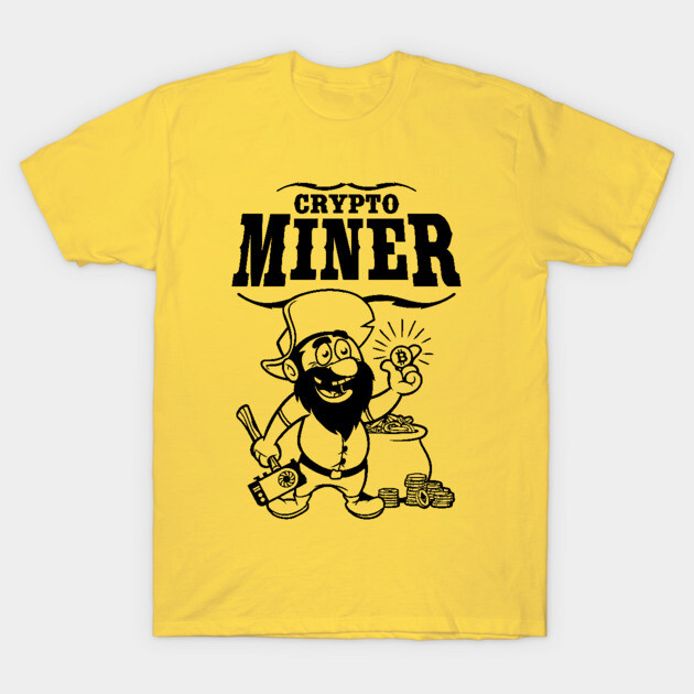 Yellow "Crypto Miner" T-shirt, cartoon graphic, casual cotton tee, ideal for cryptocurrency enthusiasts.