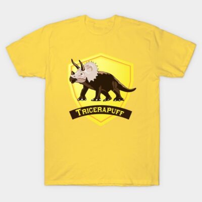 Yellow t-shirt with playful dinosaur graphic and "Tricerapuff" text, ideal for casual wear. Cotton material.