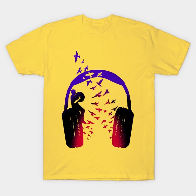 Yellow t-shirt with headphone and birds graphic, casual style, cotton material, unisex design, artistic print.