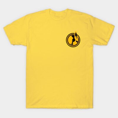 Yellow cotton t-shirt with black abstract logo on chest. Casual wear, unisex style, perfect for everyday use.