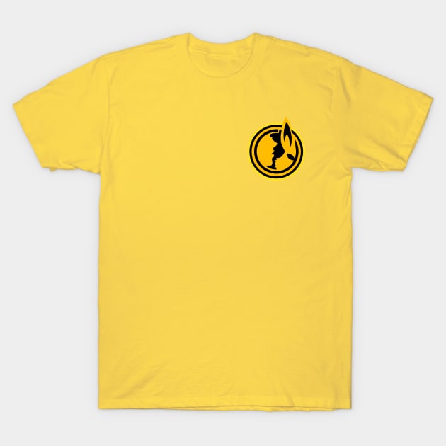 Yellow cotton t-shirt with black abstract logo on chest. Casual wear, unisex style, perfect for everyday use.