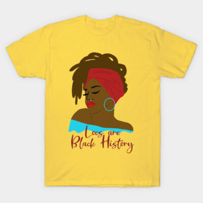 Yellow t-shirt with "Locs are Black History" text, featuring a graphic of a person with locs and a red headwrap.