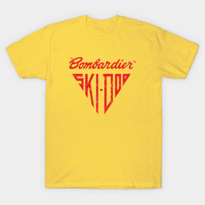 Yellow t-shirt with red retro "Bombardier Ski-Doo" graphic, casual style, perfect for everyday wear.