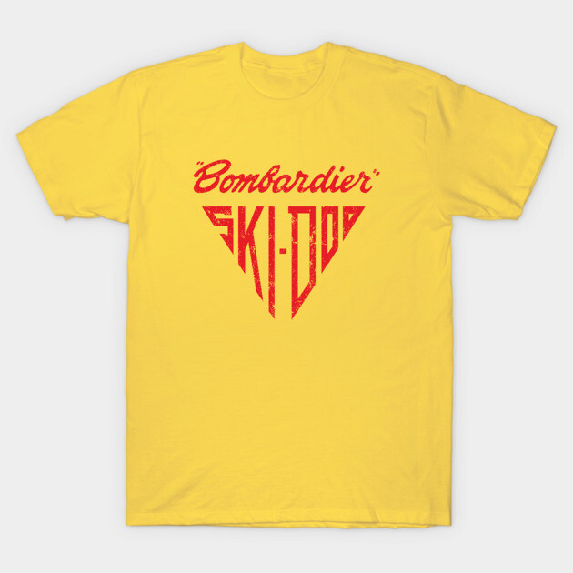 Yellow t-shirt with red retro "Bombardier Ski-Doo" graphic, casual style, perfect for everyday wear.