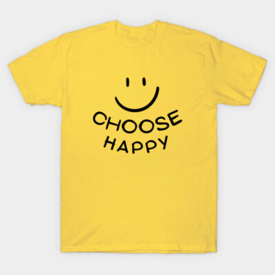 Yellow t-shirt with "Choose Happy" smiley design, casual style, cotton material, uplifting message.
