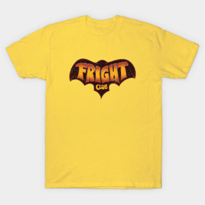 Yellow "Fright Club" graphic t-shirt, casual style, cotton material, perfect for everyday wear or themed events.