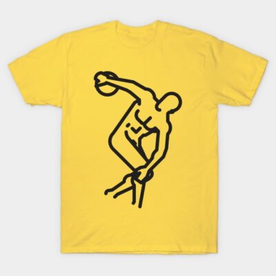 Yellow t-shirt with abstract basketball player print, casual cotton tee for sports enthusiasts.