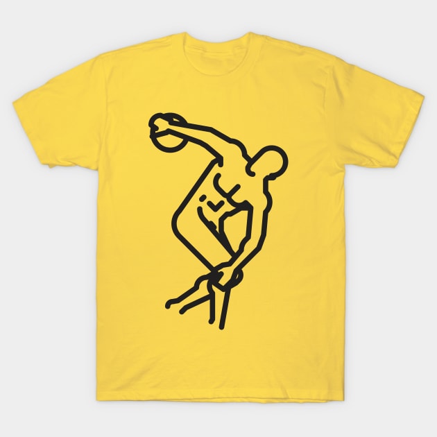 Yellow t-shirt with abstract basketball player print, casual cotton tee for sports enthusiasts.