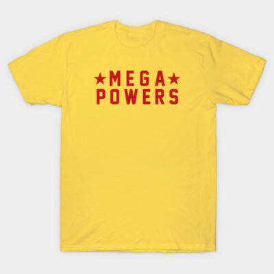 Yellow t-shirt with "Mega Powers" text in red, casual style, cotton material, perfect for everyday wear.